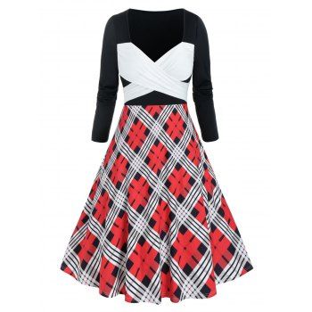 

Plus Size Retro Colorblock Argyle Print Dress, Multicolor a