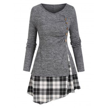 

Plaid Print Asymmetrical Faux Twinset T-shirt, Ash gray