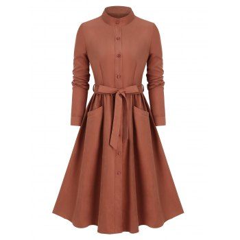 

Pockets Self Tie Stand Collar Shirt Dress, Chocolate