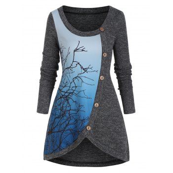 

Ombre Tree Print High Low Knitted T Shirt, Gray
