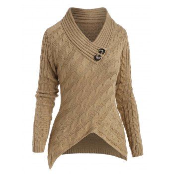 

Cable Knit Mock Button Dip Hem Sweater, Light coffee