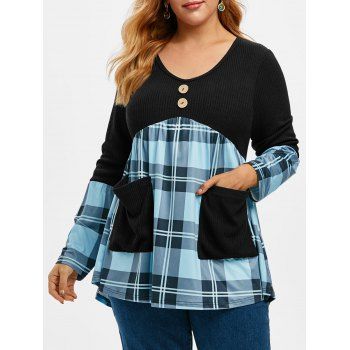 

Ribbed Panel Plaid V Neck Combo Plus Size Knitwear, Blue