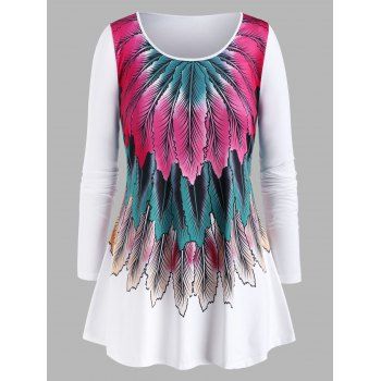 

Plus Size Feather Print Long Sleeve Tee, White