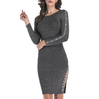 

Rib Knit Mock Button Slit Metallic Thread Dress, Carbon gray