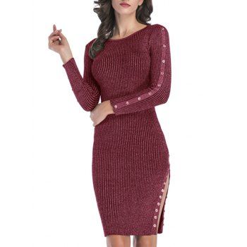 

Rib Knit Mock Button Slit Metallic Thread Dress, Red wine