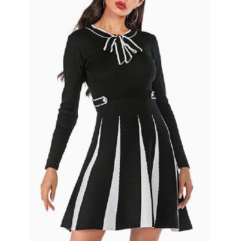 

Pussy Bow Knitted Mock Button Two Tone Dress, Black