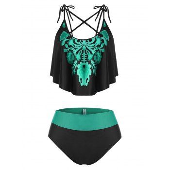 

Plus Size Cross Tie Strap Printed Tankini Swimwear, Black