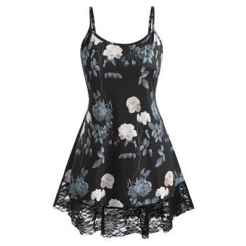

Plus Size Flower Printed Lace Panel Tank Top, Black