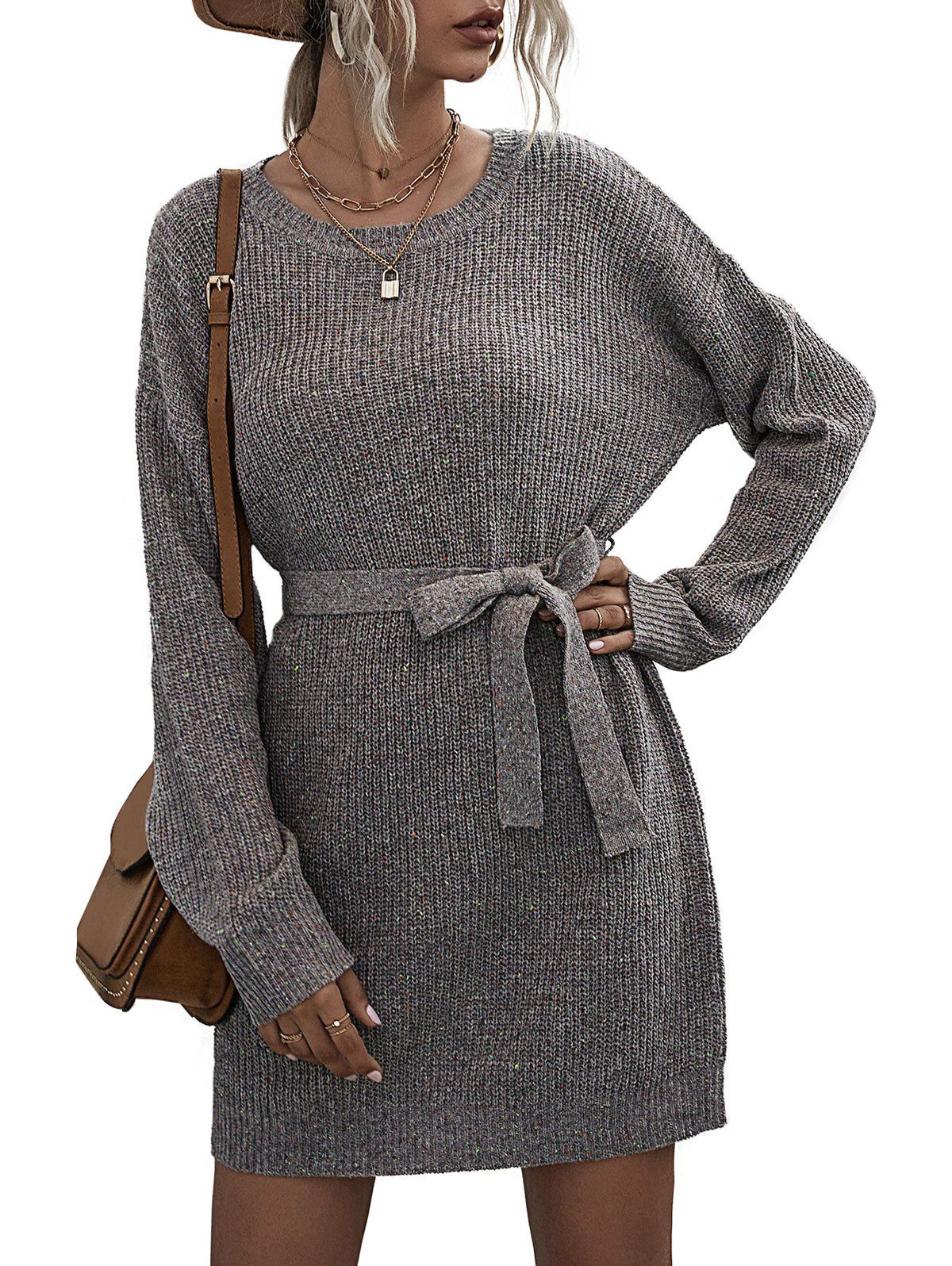 Heathered Belt Sweater Dress - GRAY S