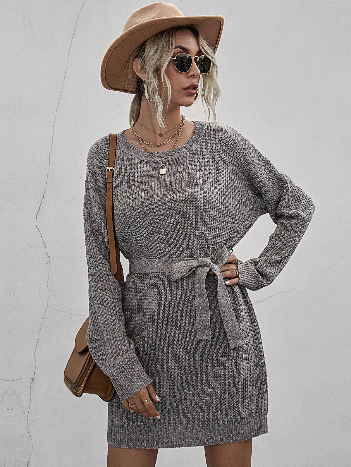 [32 OFF] 2021 Heathered Belt Sweater Dress In GRAY DressLily