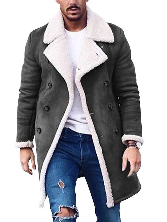 Manteau Long à Doublure en Fausse Fourrure en Daim avec Revers - Cendre gris XL