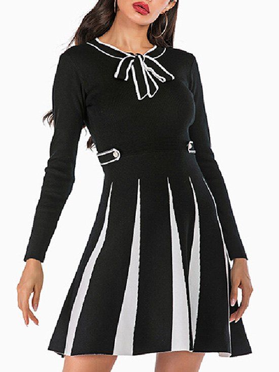 Pussy Bow Knitted Mock Button Two Tone Dress - BLACK M
