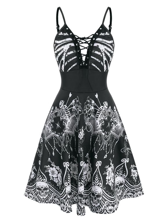 Robe d'Halloween à Bretelle Squelette Fleurie avec Lacets - Noir L