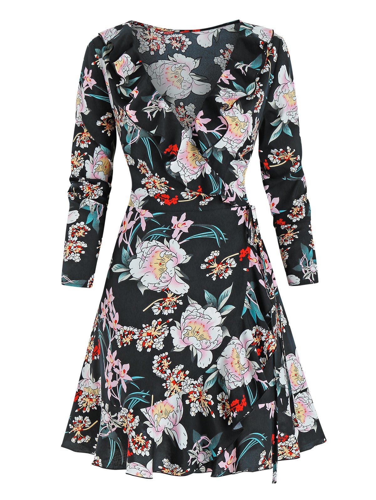 Flower Print Vacation Mini Wrap Dress A Line V NecK Flounced Long Sleeve Dress - BLACK XL
