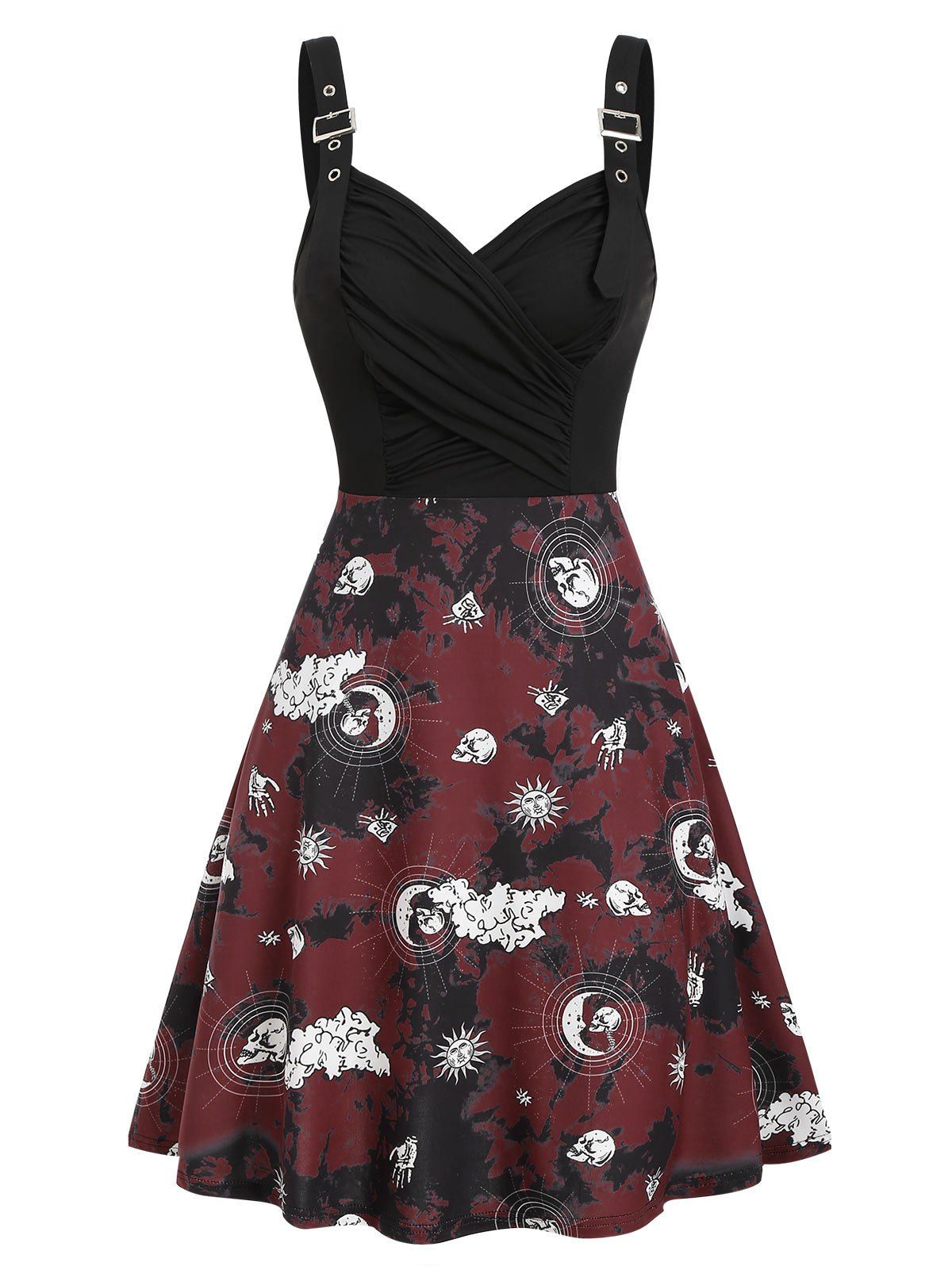 Tie Dye Skull Celestial Sun Moon Gothic A Line Mini Dress Print Ruched Surplice Buckles Cami Dress - BLACK M