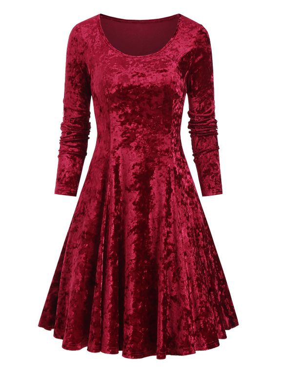 Robe Ligne A en Velours à Col Rond - Rouge Vineux 2XL