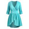 Chemisier Péplum Asymétrique de Grande Taille à Manches Roulées - Bleu 4X