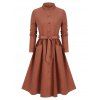 Robe Chemise Nouée à Col Montant avec Poches - Chocolat XL