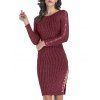 Rib Knit Mock Button Slit Metallic Thread Dress - RED WINE XL