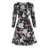Mini Robe Portefeuille à Imprimé Fleur à Volants à Col V à Manches Longues de Vacances - Noir 2XL