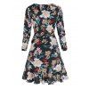 Flower Print Vacation Mini Wrap Dress A Line V NecK Flounced Long Sleeve Dress - BLACK 3XL