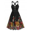 Robe d'Eté Boutonnée à Imprimé Fleur sans Manches Anneau en O avec Faux Bouton - Noir 2XL