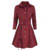 Lace Up Button Up Belted Shirt Dress - RED WINE M
