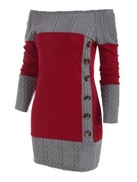 Combo Mock Button Cable Knit Sweater Dress