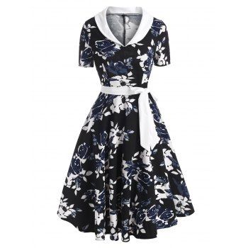 

Vintage Shawl Collar Floral Pin Up Dress, Black