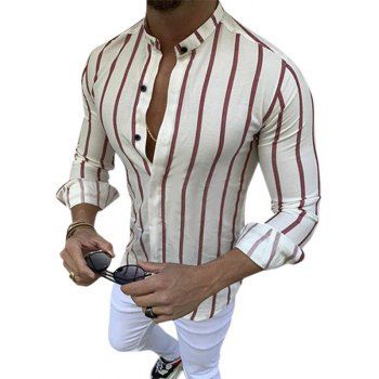 

Vertical Striped Stand Collar Longline Shirt, Deep red