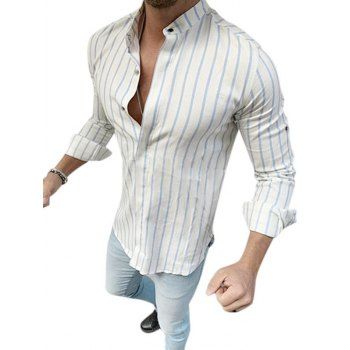 

Vertical Striped Stand Collar Longline Shirt, Light blue