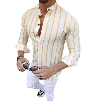 

Vertical Striped Stand Collar Longline Shirt, Yellow