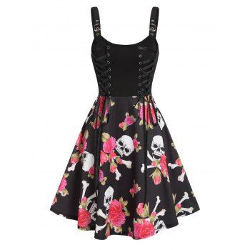 

Floral Skull Print Lace Up High Waist Cami Dress, Multicolor a