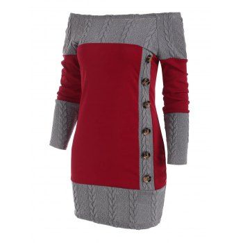 

Combo Mock Button Cable Knit Sweater Dress, Deep red