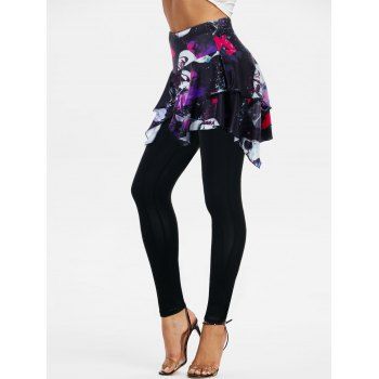 

Skull Butterfly Print Asymmetric Skirted High Waist Leggings, Black