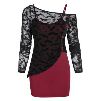 

Halloween Bat Crescent Pattern Asymmetrical Mesh Top and Cami Top, Red wine