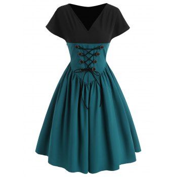 

Bicolor Lace Up Button V Neck Vintage Dress, Green