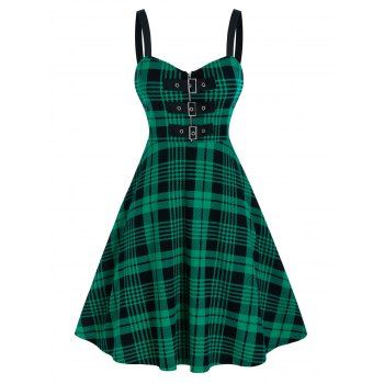 

Plus Size Plaid Print Buckles Dress, Sea turtle green