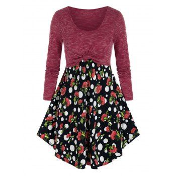 

Plus Size Flower Dots Pattern Splicing T Shirt, Black