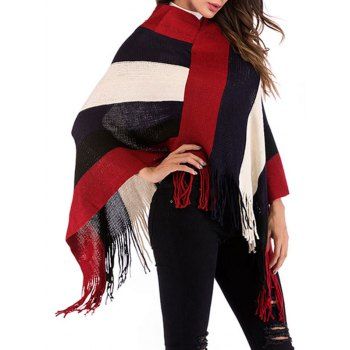 

Wide Stripes Fringed Poncho, Red wine