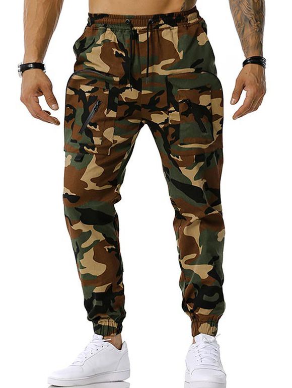 Pantalon Fuselé Cargo Camouflage Imprimé à Cordon - Vert Armée XL