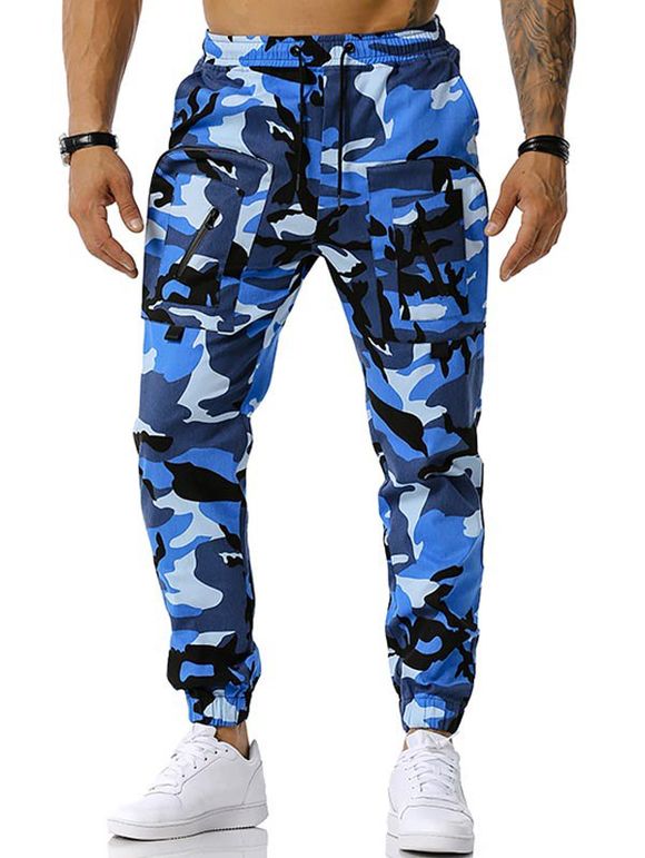 Pantalon Fuselé Cargo Camouflage Imprimé à Cordon - Bleu 2XL