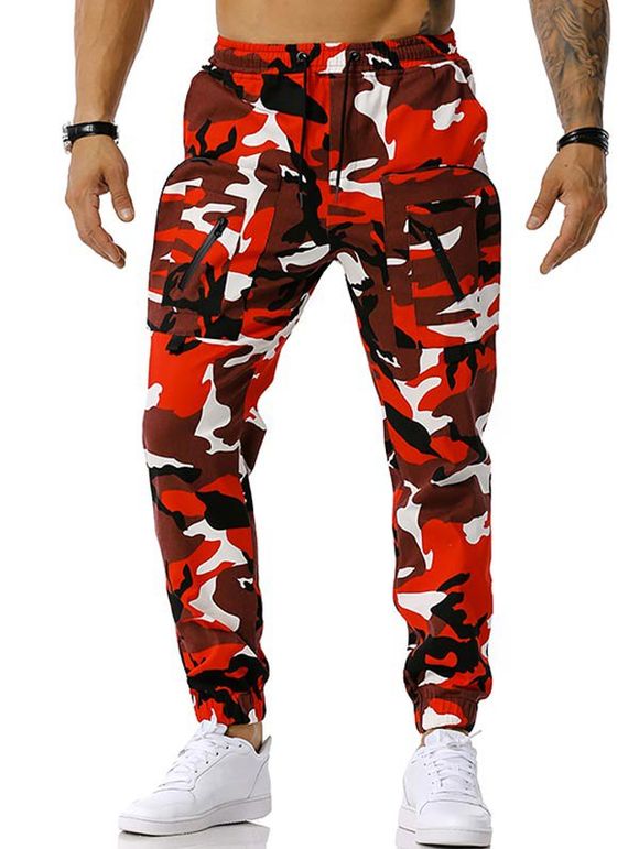 Pantalon Fuselé Cargo Camouflage Imprimé à Cordon - Rouge S