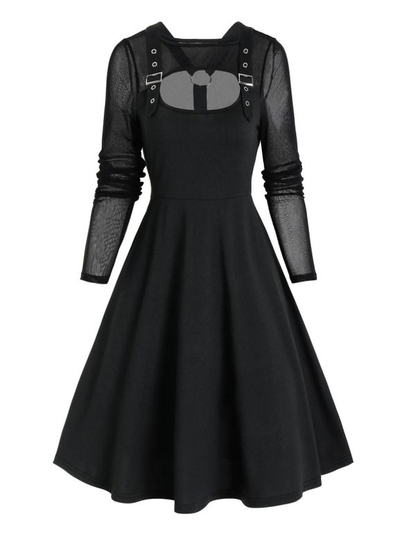 Robe Découpée en Maille Insérée à Bretelle Bouclée - Noir XL