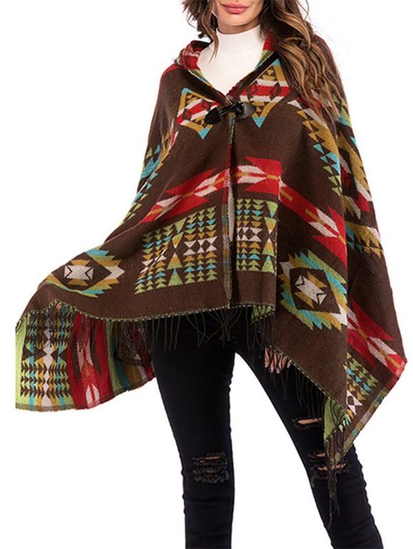 Poncho à Capuche Géométrique Frangé avec Bouton Corne - café ONE SIZE
