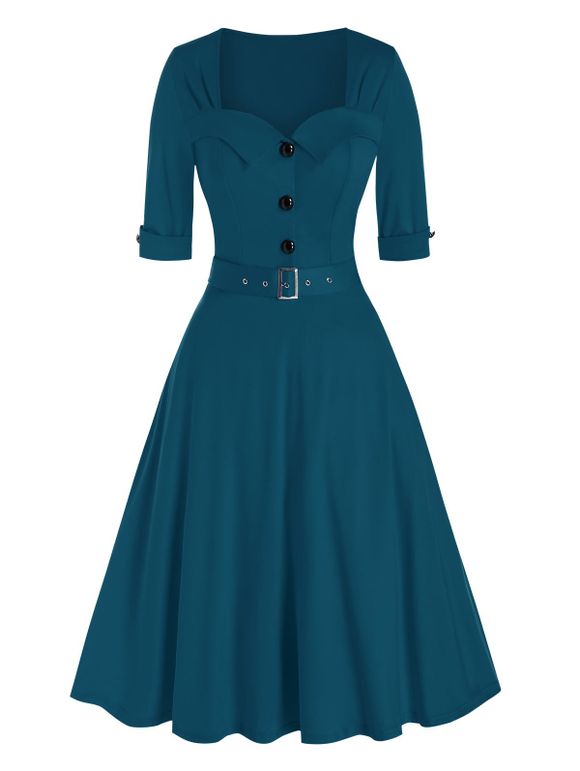 Robe Vintage Evasée Ceinturée à Demi-Bouton - Paon Bleu M