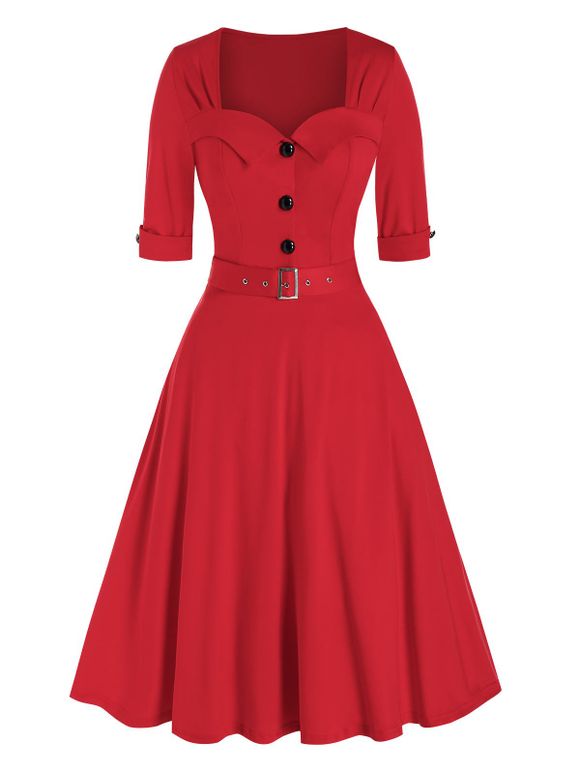 Robe Vintage Evasée Ceinturée à Demi-Bouton - Rouge 3XL