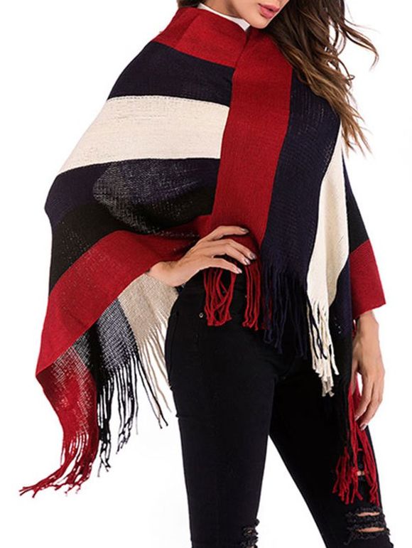 Poncho à Rayure Large Frangé - Rouge Vineux ONE SIZE
