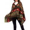 Poncho à Capuche Géométrique Frangé avec Bouton Corne - café ONE SIZE