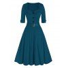 Robe Vintage Evasée Ceinturée à Demi-Bouton - Paon Bleu S